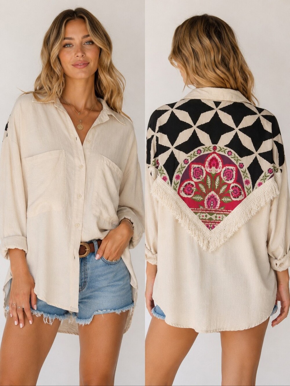 Touché Boho Fringe Back Button Down Shirt Cream Black Floral Size Large